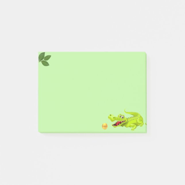 Cute crocodile & laurel leaves on lime green post-it notes (Front)
