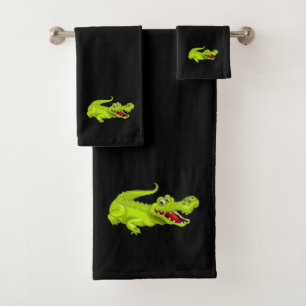 Cute Crocodile on Black Bath Towel Set