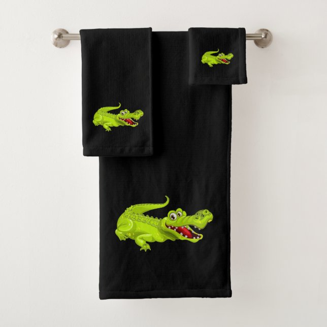 Cute Crocodile on Black Bath Towel Set (Insitu)
