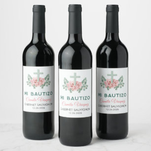 Cute Cross and Leaves in Spanish Bautizo Baptism Wine Label
