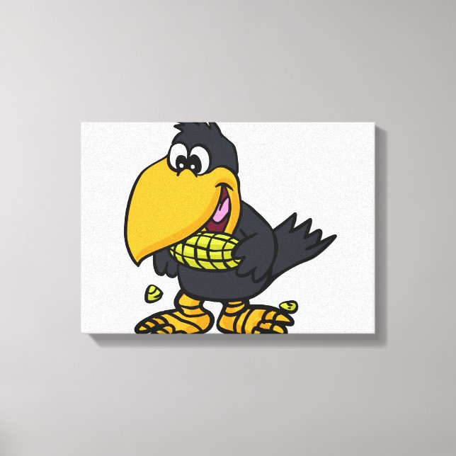 Cute crow eating corn | choose background colour canvas print (Front)