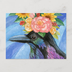 Cute crow wearing flower hat postcard