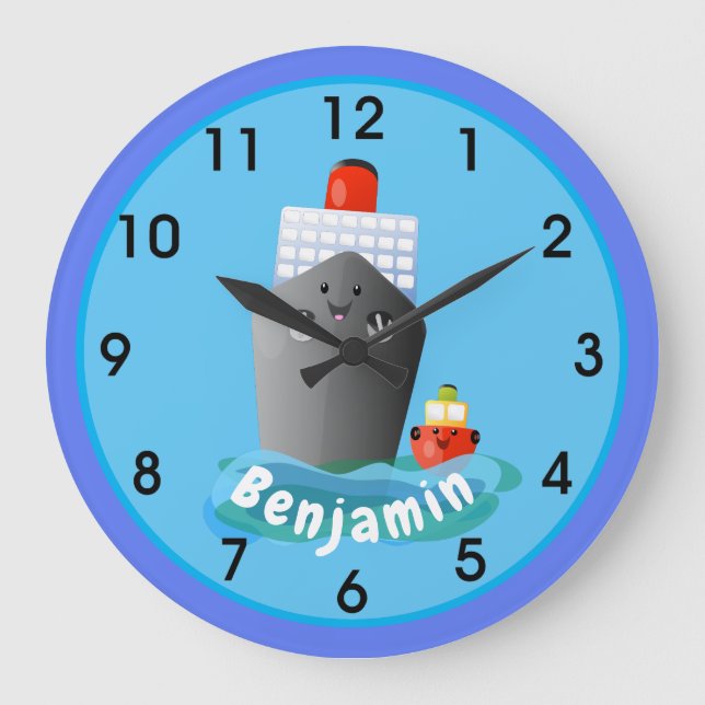 Cute cruise ship tug boat cartoon illustration large clock (Front)