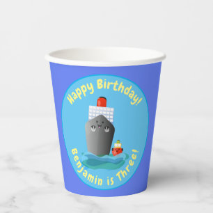 Cute cruise ship tug boat cartoon illustration paper cups