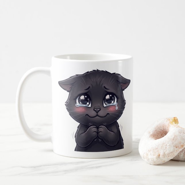 Cute Crying Black Cat Begging Canvas Wall Art Coffee Mug (With Donut)