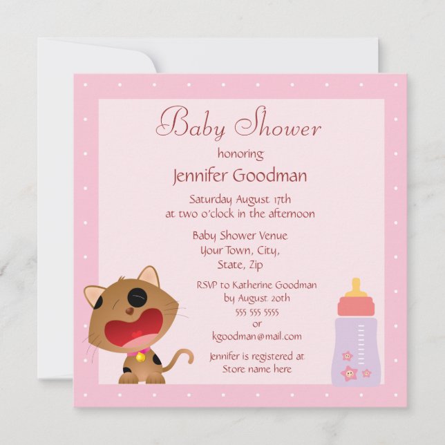 Cute Crying Kitten Pink Baby Shower Invitation (Front)