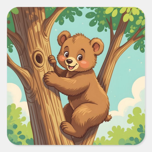 Cute cub bear climbing a tree square sticker (Front)