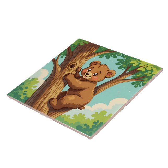 Cute cub bear climbing a tree tile (Side)