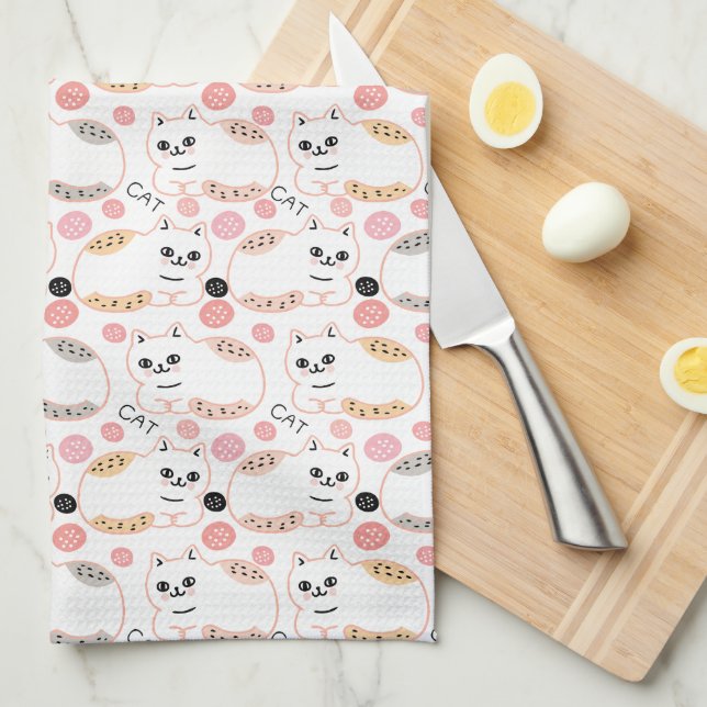 Cute Cuddle Cat Pattern Tea Towel (Quarter Fold)