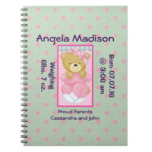Cute Cuddly Bear Dressed in Pink New Baby Diary Notebook