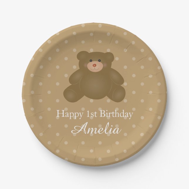 Cute Cuddly Brown Baby Teddy Bear Birthday Party Paper Plate (Front)