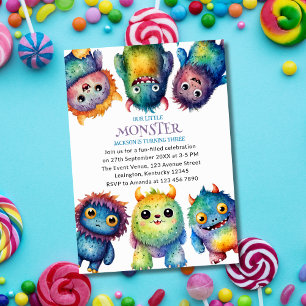 Cute Cuddly Colourful Little Monsters Kids Birthda Invitation