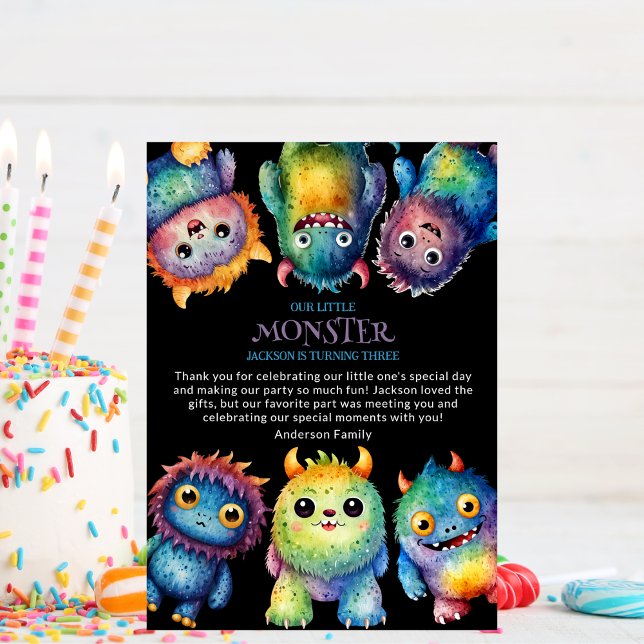Cute Cuddly Colourful Little Monsters Kids Birthda Thank You Card (Creator Uploaded)