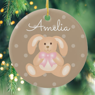 Cute Cuddly Pink Ribbon Bunny Rabbit Add Your Name Ceramic Tree Decoration