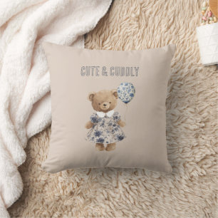 Cute Cuddly Teddy Bear in Blue Floral Dress Cushion