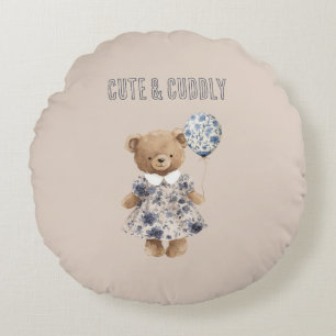 Cute Cuddly Teddy Bear in Blue Floral Dress Round Cushion