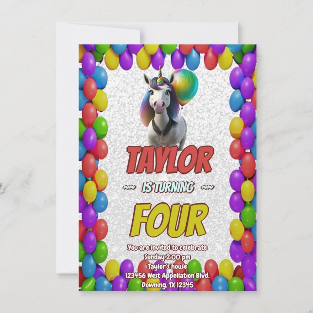 Cute Cuddly Unicorn Themed Birthday Invite (Front)