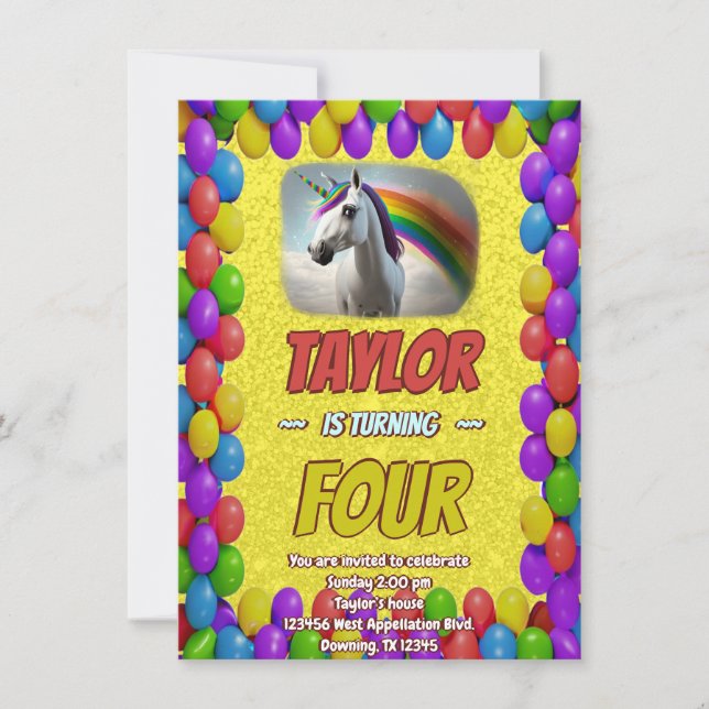 Cute Cuddly Unicorn Themed Birthday Invite (Front)