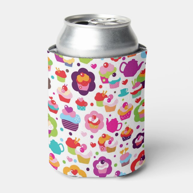 Cute cup cake and tea pot can cooler (Can Front)