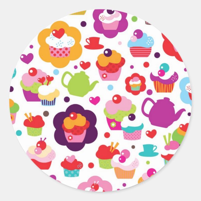 Cute cup cake and tea pot classic round sticker (Front)