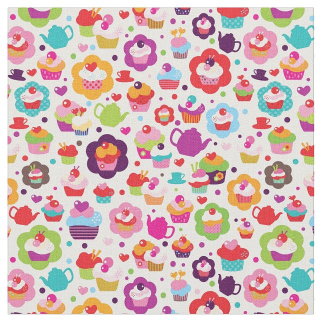 Cute cup cake and tea pot fabric (Close Up)