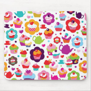 Cute cup cake and tea pot mouse pad