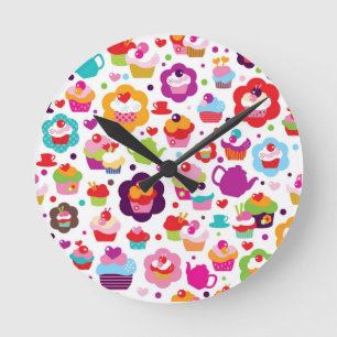 Cute cup cake and tea pot round clock