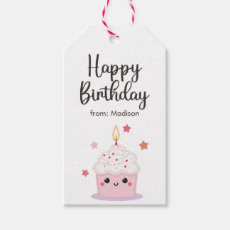 Cute Cupcake And Bright Candle Happy Birthday Gift Tags