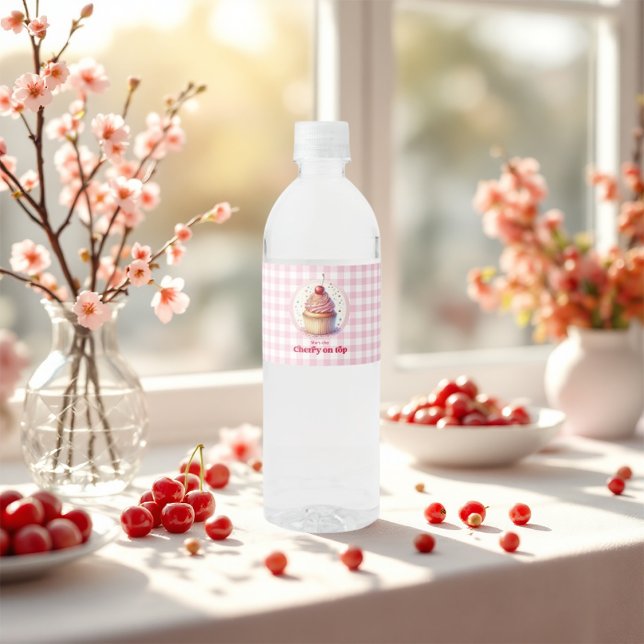 Cute Cupcake and Gingham Cherry On Top Baby Shower Water Bottle Label (Cute Cupcake and Gingham Cherry On Top Baby Shower Water Bottle Label)