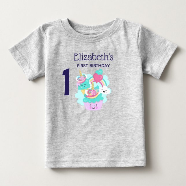 Cute Cupcake and Happy Ice Cream First Birthday Baby T-Shirt (Front)
