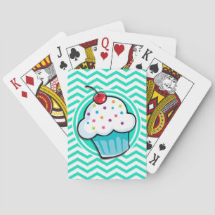 Cute Cupcake; Aqua Green Chevron Playing Cards