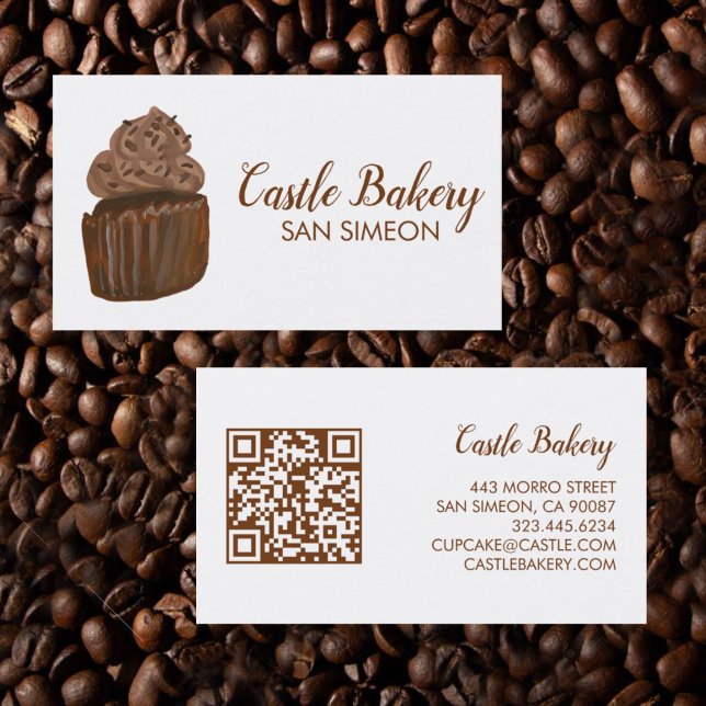 CUTE CUPCAKE Bakery Pastry Chef Modern QR Code  Business Card (Watercolor cupcake custom business cards with QR code
)