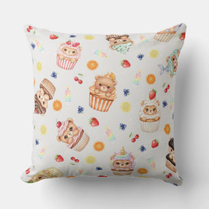 Cute Cupcake Bear and Treats Seamless Pattern Cushion