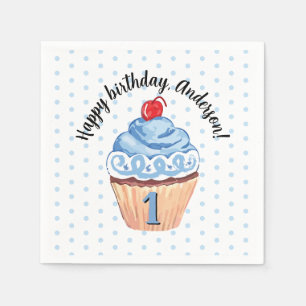 Cute Cupcake Boy Blue Happy 1st Birthday Party Napkin