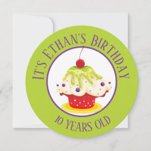 Cute Cupcake Bright Green Kids Birthday Invitation