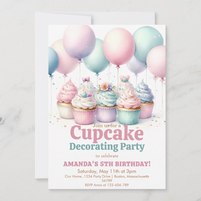 Cute Cupcake Decorating Party Girl Baking Birthday Invitation (Front)