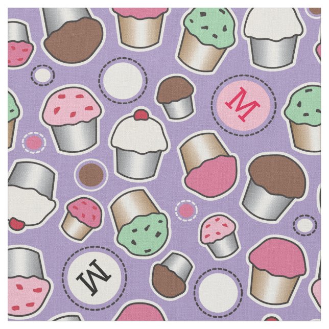 Cute Cupcake Monogram Pattern Fabric (Close Up)