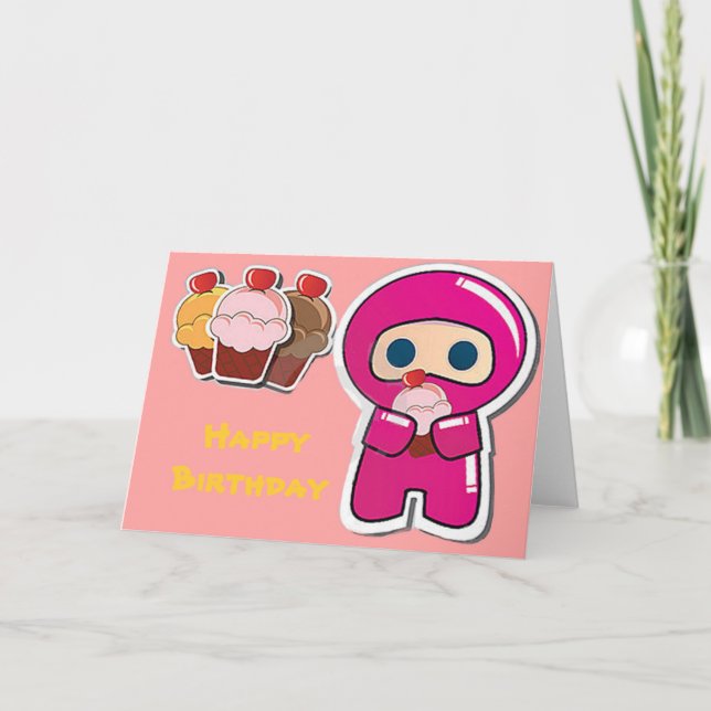 Cute Cupcake Ninja- Pink- Birthday Card (Front)