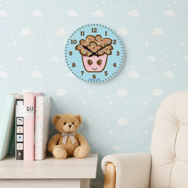 Cute Cupcake Nursery Wall Clock with Name (Cute cupcake wall clock. Lovely accent for nursery or kid's room.)