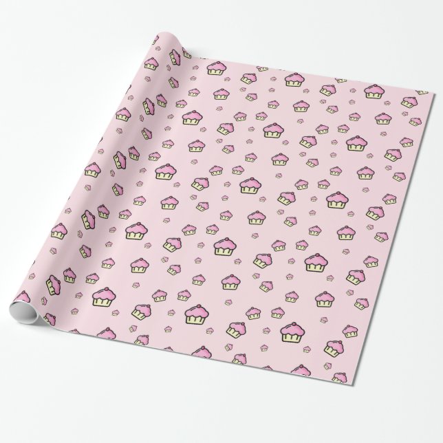 Cute cupcake pattern Pink Glossy Wrapping Paper (Unrolled)