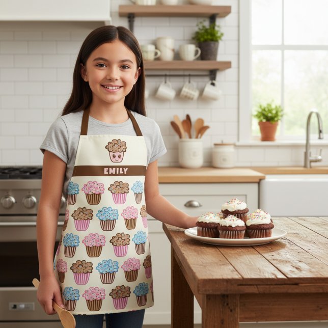 Cute Cupcake Personalised Kids Kitchen Apron (Cute kids apron with custom name and kawaii cupcake print. Great gift for a girl who loves to bake.)