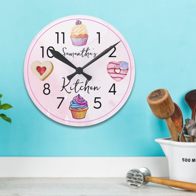 Cute Cupcake Pink Watercolor Personalised Kitchen Round Clock (Cute Cupcake Pink Watercolor Personalized Kitchen Round Clock)