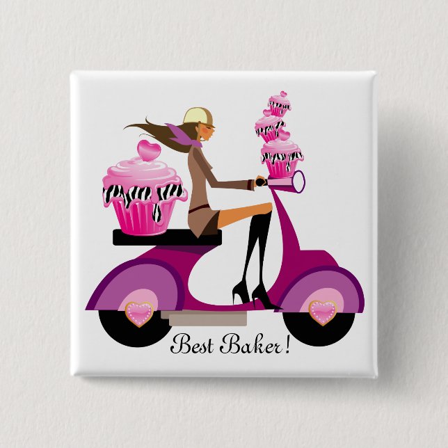 Cute Cupcake Scooter Girl Button Pink Zebra (Front)