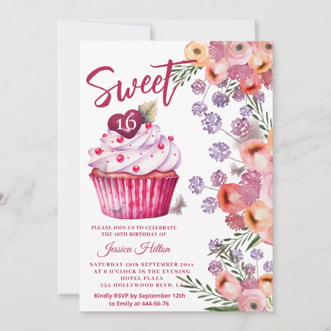 Cute cupcake Spring Butterfly floral  sweet 16 Invitation (Front)