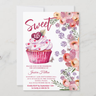 Cute cupcake Spring Butterfly floral sweet 16 Invitation