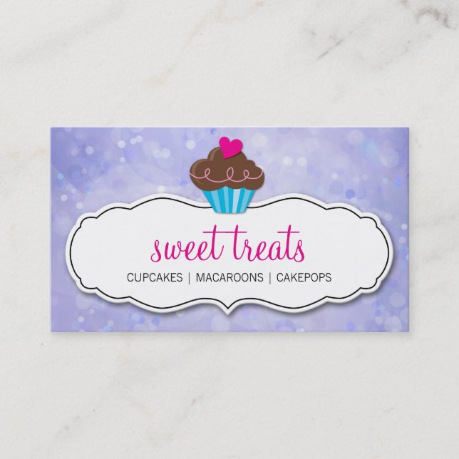 CUTE CUPCAKE whimsical bokeh pattern purple Business Card (Front)
