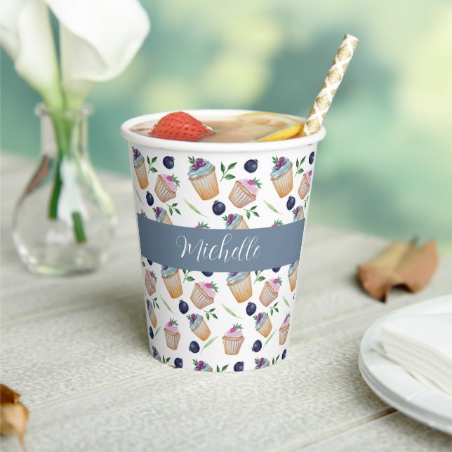 Cute Cupcakes And Fruits Watercolor Pattern Paper Cups (Insitu)