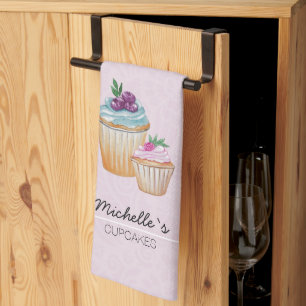 Cute Cupcakes And Fruits Watercolor Tea Towel