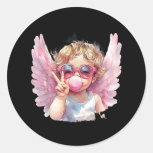 Cute Cupid Blowing Bubble Gum Sungles Valentines D Classic Round Sticker