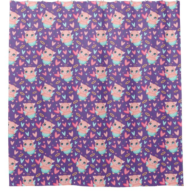 Cute Cupid Pig Whit Hearts Pattern Shower Curtain (Front)